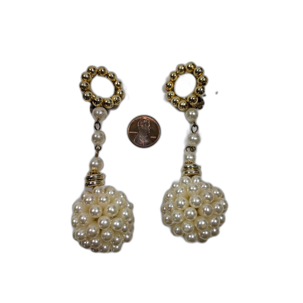 Faux Pearl Clip On Earrings Snowball Orb Dangle Vintage 1950s Coquette Regency